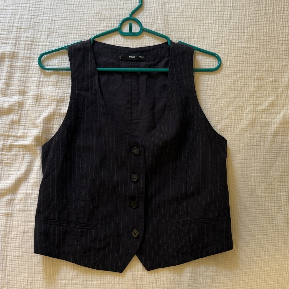 Mango Dark Gray Linen Pinstripe Blouse